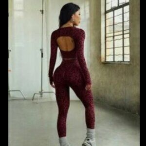 Seamless Leopard Print Leggings and Seamless Long Sleeve Crop Top Matching Set